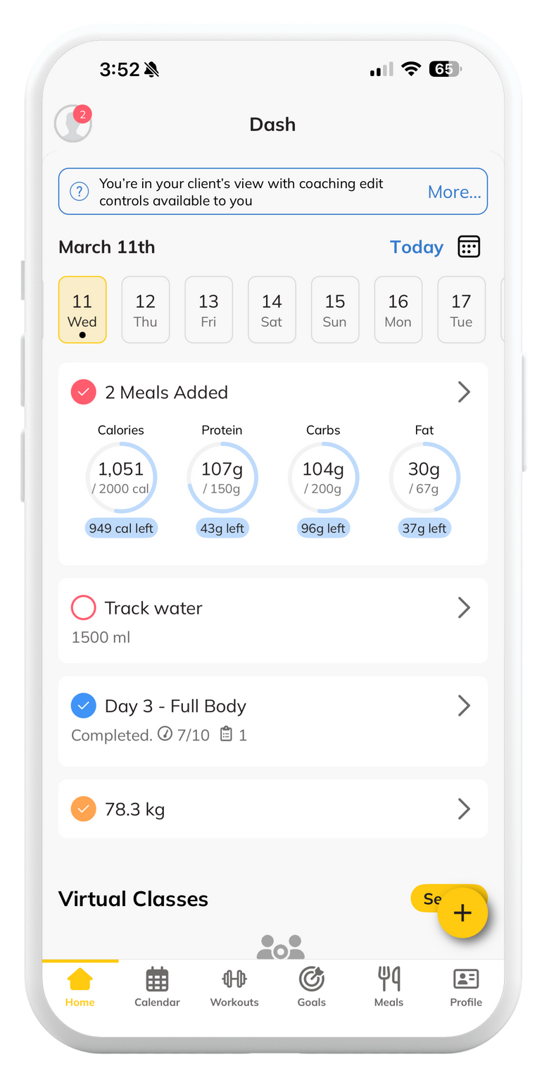 D1M1 coaching app: daily dashboard showing steps, body weight, calories and heart rate