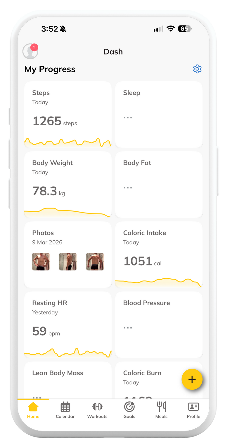 D1M1 coaching app: progress tracking charts across body composition and activity