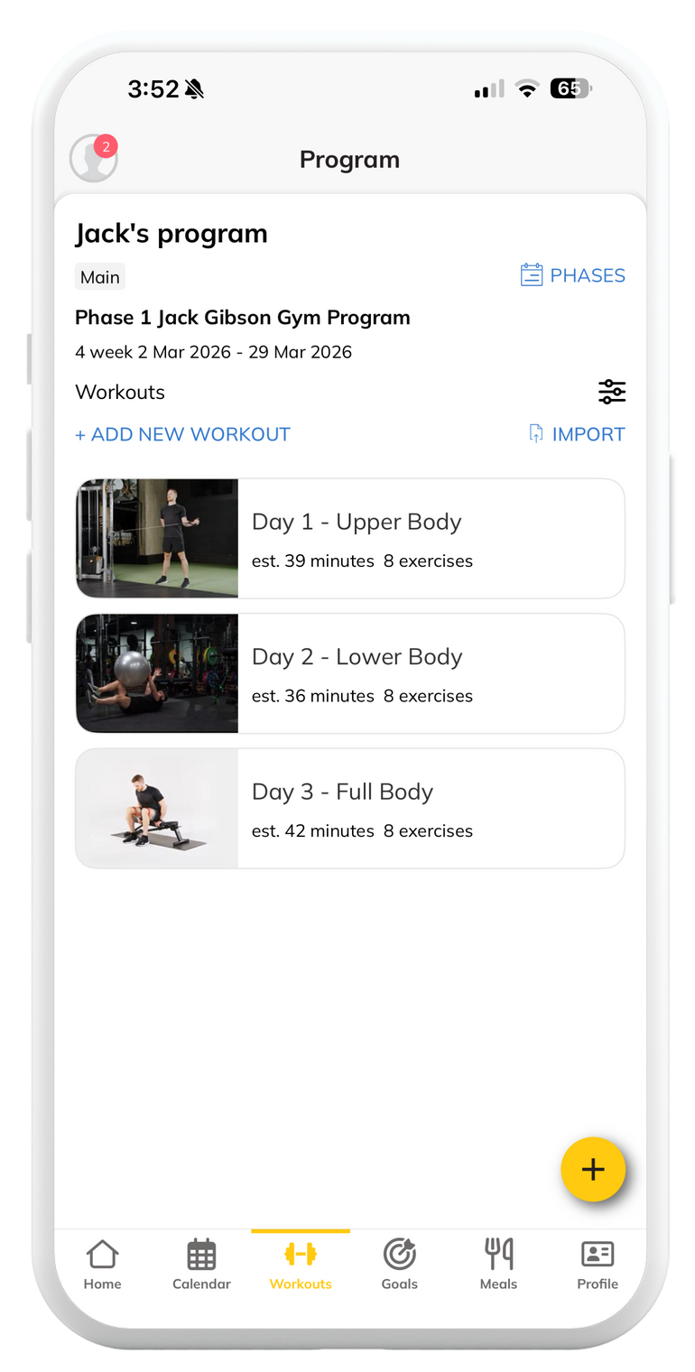 D1M1 coaching app: personalised training program with exercises, sets and reps