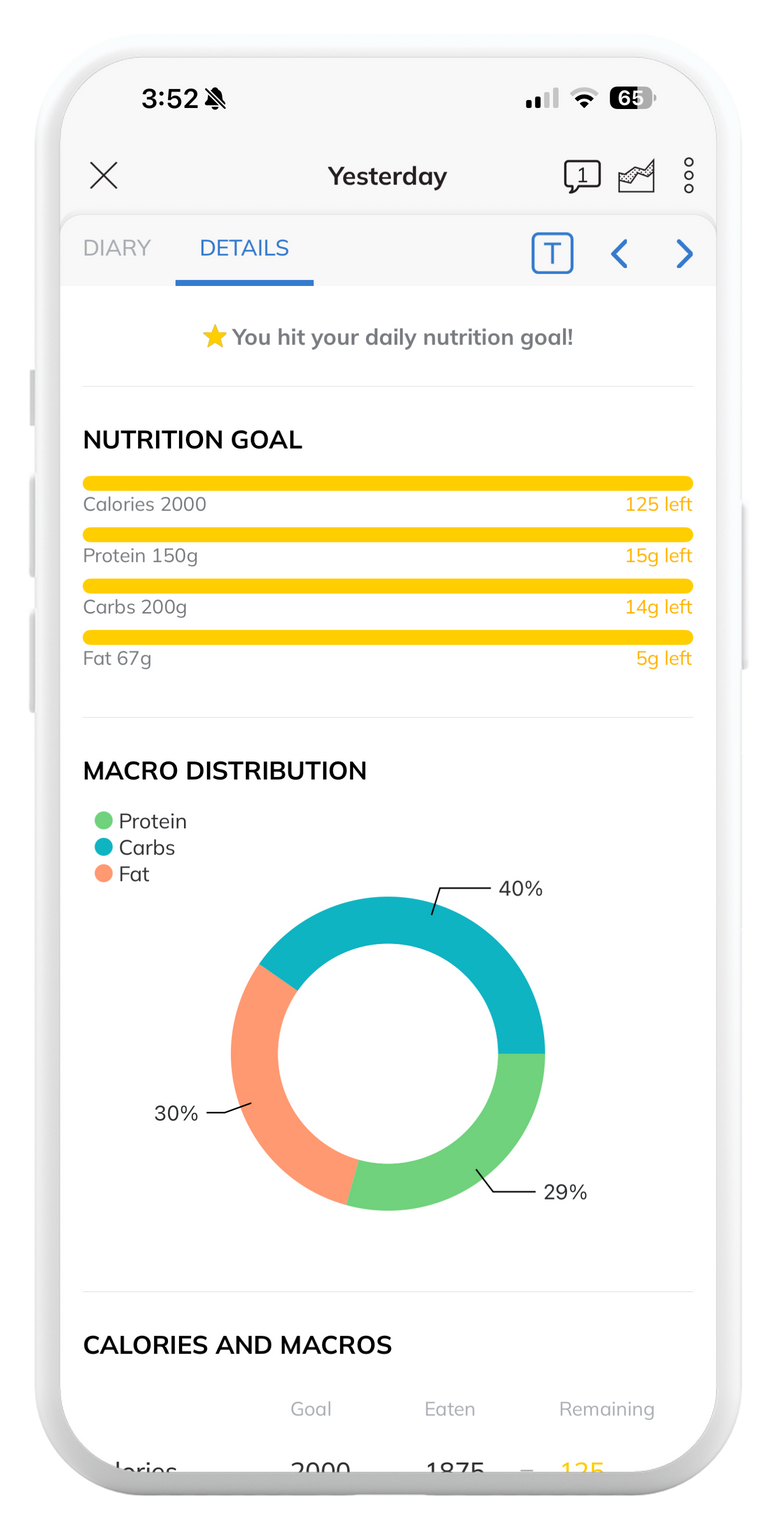 D1M1 coaching app: nutrition targets and insights with macro breakdown
